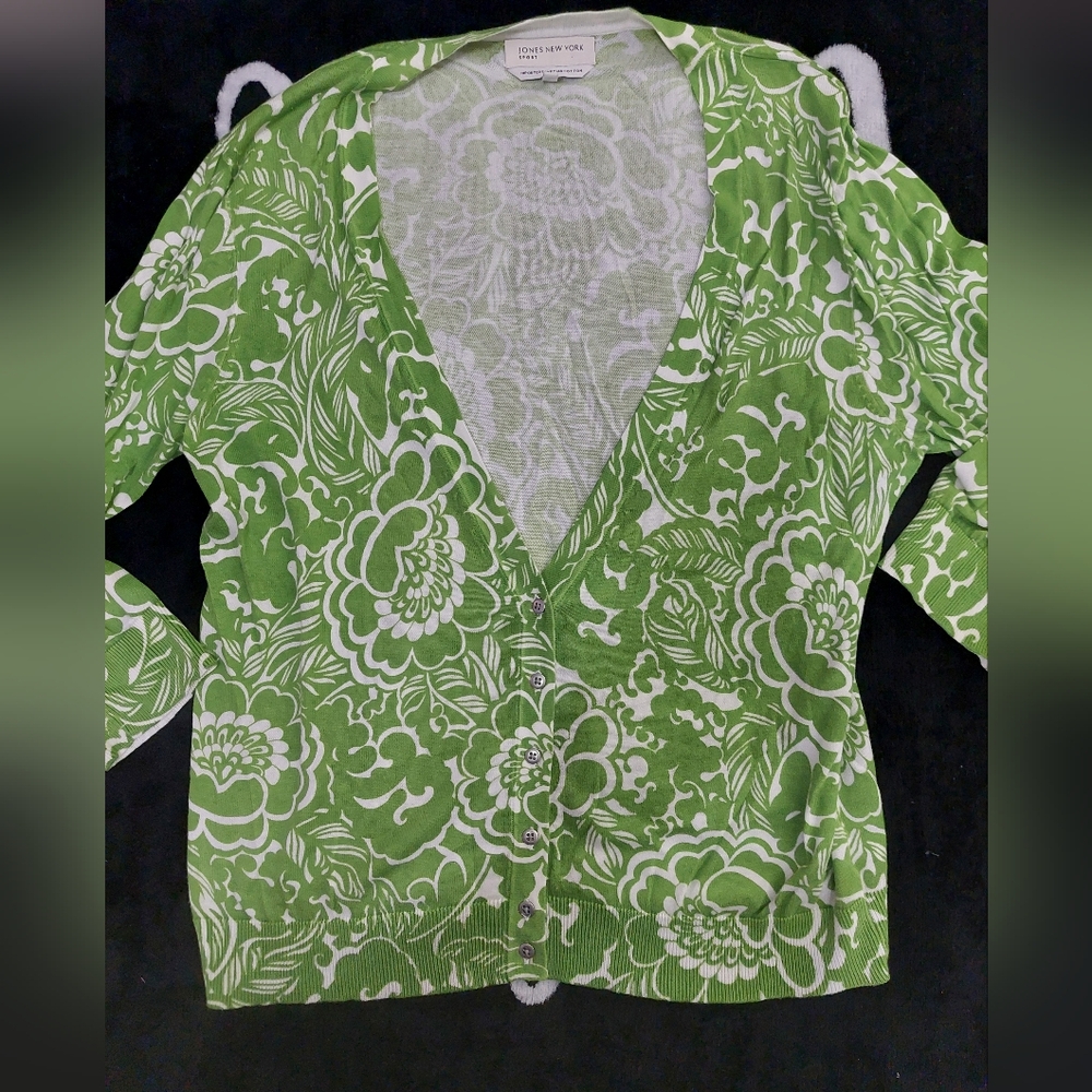 Jones New‎ York Green and White Cotton Cardigan XL